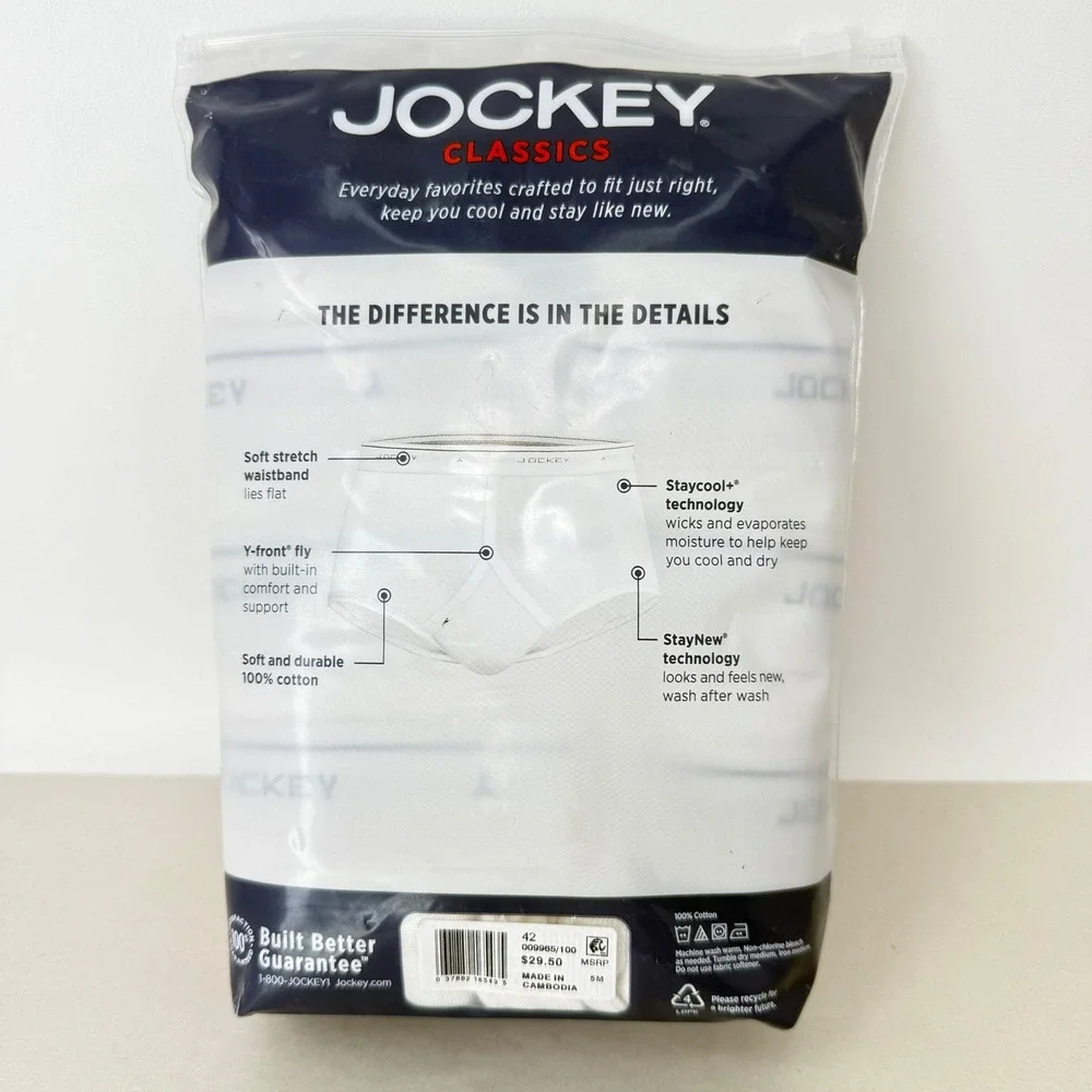 Jockey Classics‎ Mens White 100% Cotton Full-Rise Briefs 4 Pack Size 42 Y-Front